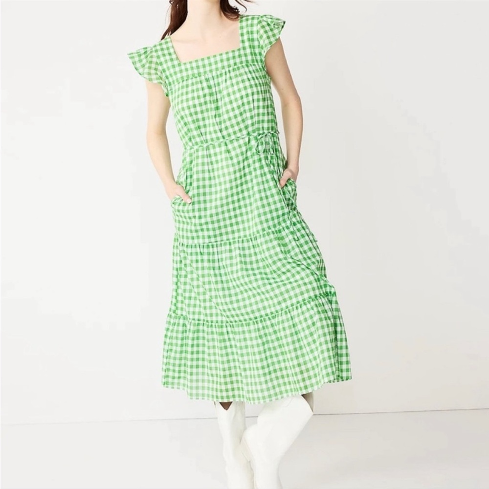 Draper James RSVP Green and White Gingham Tiered Maxi Dress